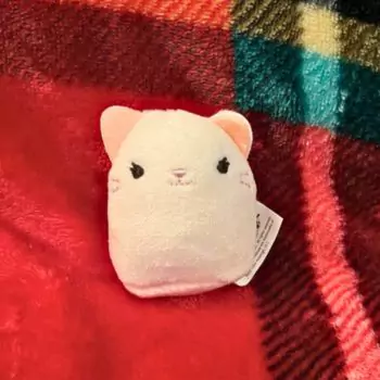 mini squishmallow kelsey on red cloth on bed