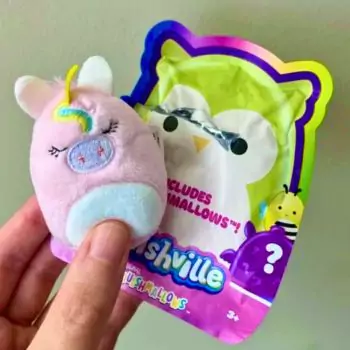 small squishmallow ilene in hand with mystery packet