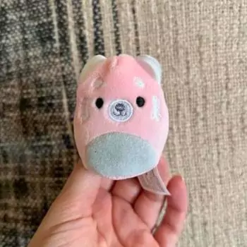 small squishmallow mischa in hand